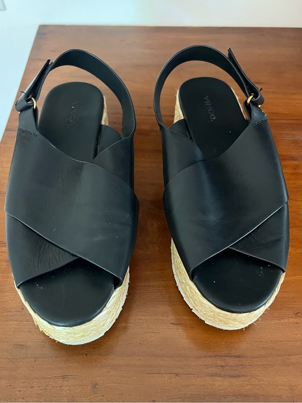 Vince Jesson Black Leather Crisscross Espadrille Platform Sandals Size 9